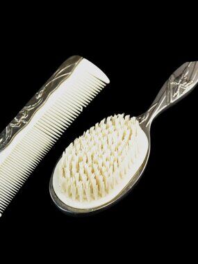 Vintage Silver Tone Vanity Brush & Comb Set Floral Handle MCM